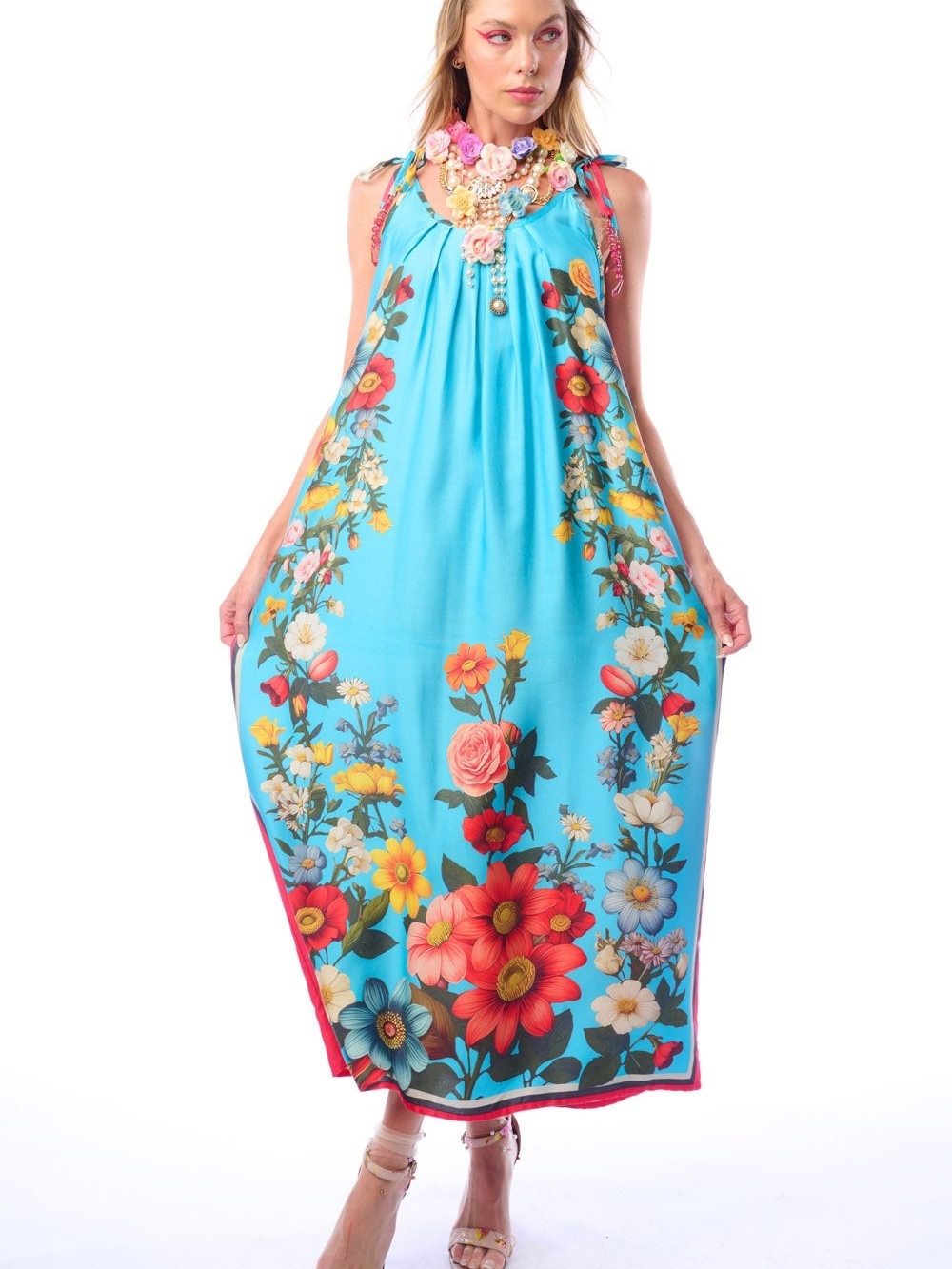 Aratta Floral Garden Dress Turquoise Floral Maxi Dress with Multicolor Blooms